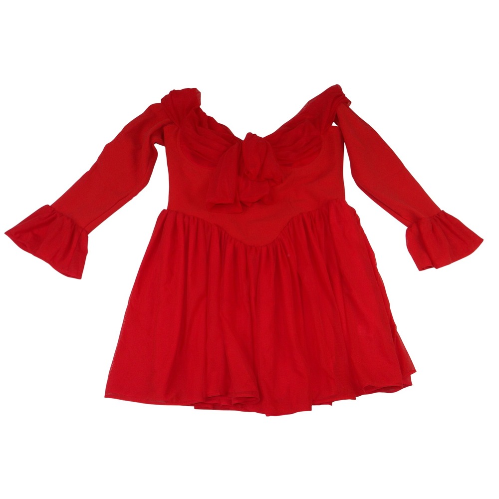 House of CB Red Off Shoulder Bow Mini Dress Long Sleeve Bell Cuff Size L+ 4226